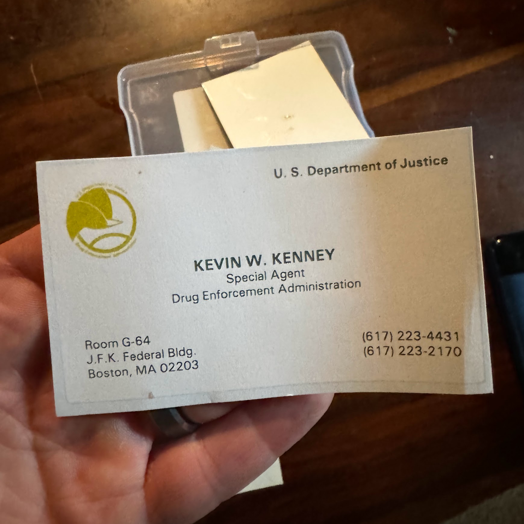 DEA business card: Kevin W. Kenney, Special Agent, J.F.K. Federal Building, Boston