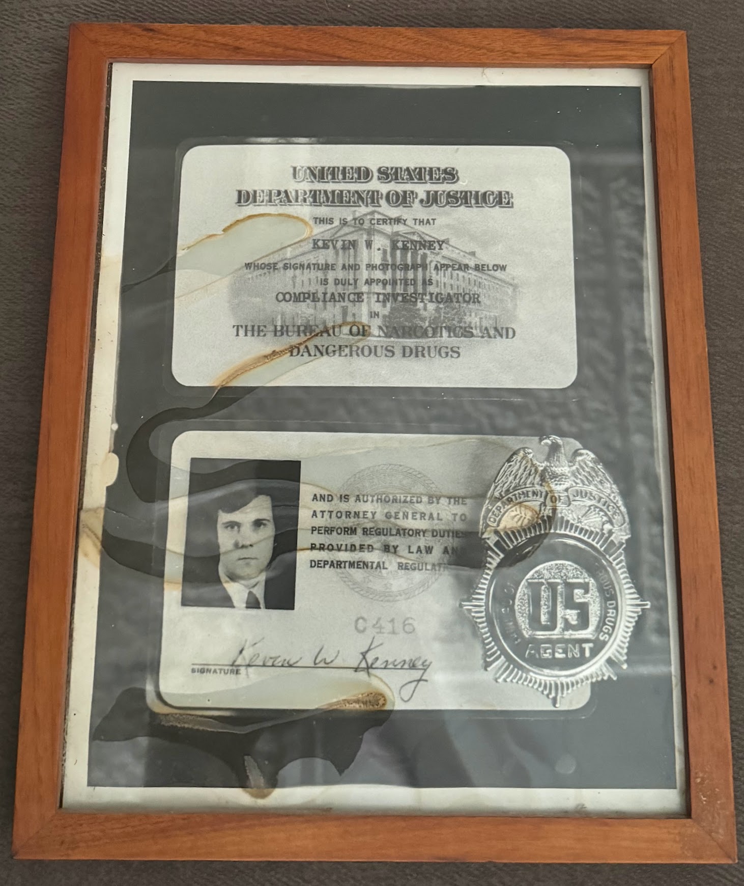 Framed United States Department of Justice credential for Kevin W. Kenney, Bureau of Narcotics and Dangerous Drugs