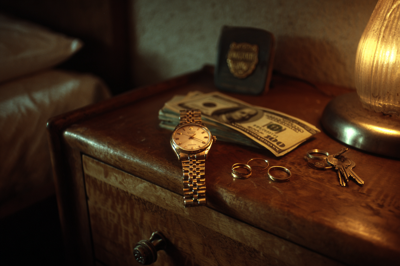 A gold wristwatch, two rings, a stack of bills and keys left on a bedroom dresser