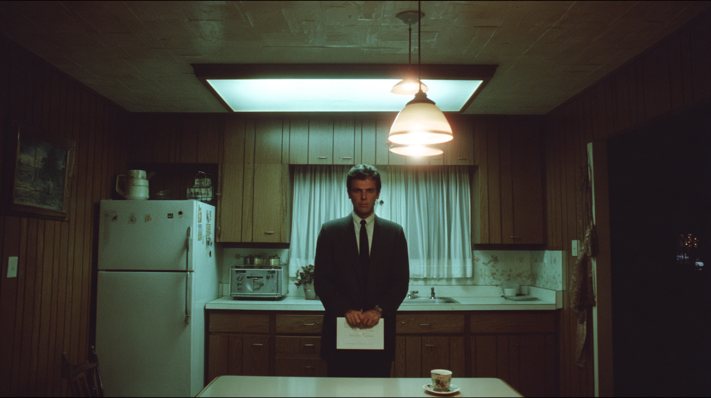 A man in a dark suit standing alone in a kitchen, holding a certificate
