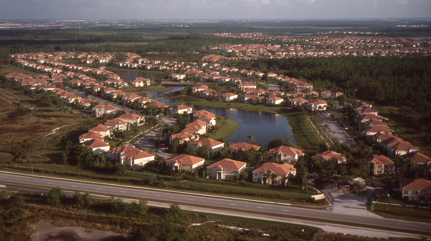 Aerial view of a South Florida subdivision, red tile roofs and a retention pond beside a highway